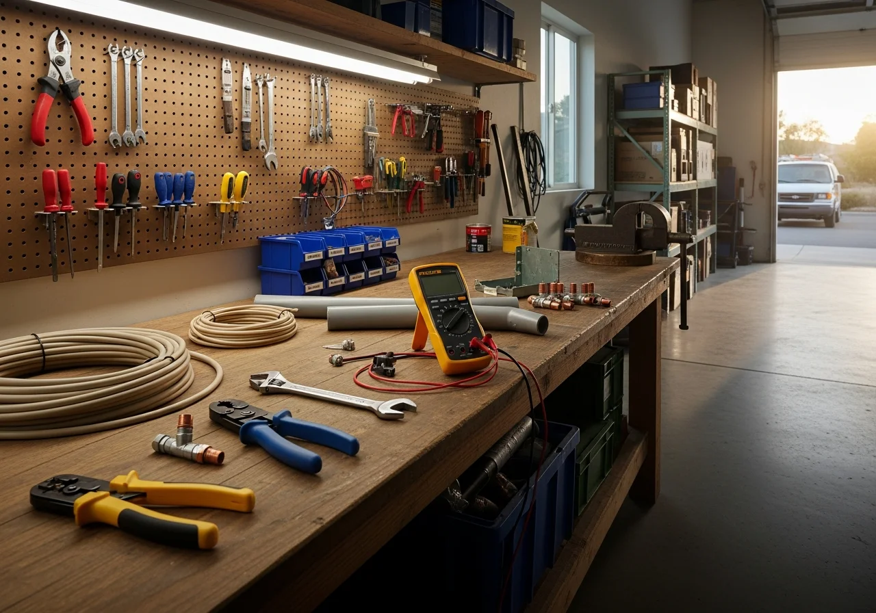 Electrician tools and equipment on a workbench, representing professional electrical contracting services.