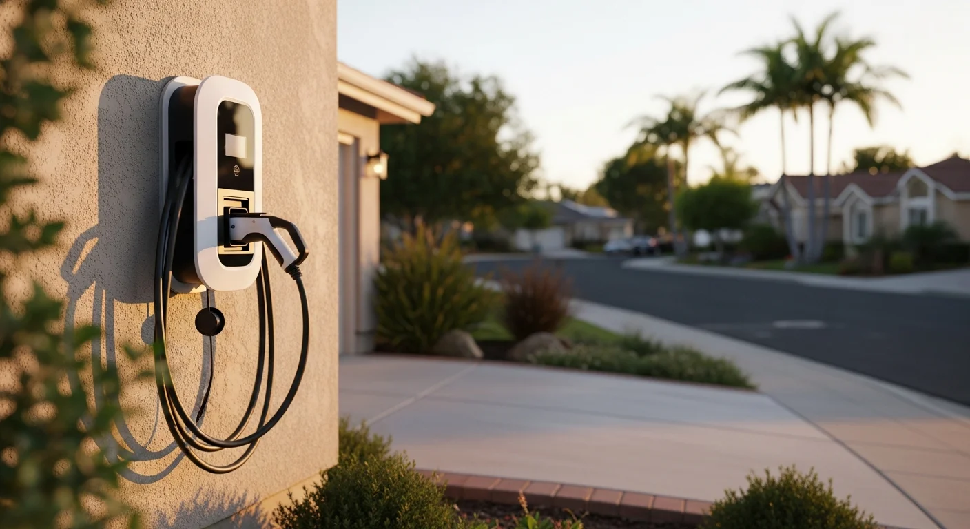 Electric vehicle charger mounted on residential garage wall