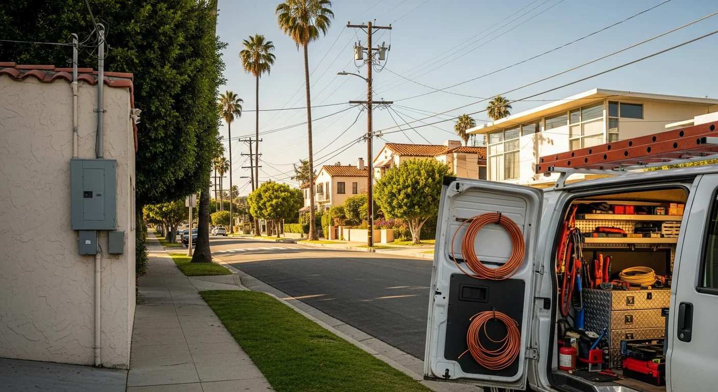 Residential street in Los Angeles with palm trees and varied architecture typical of LA County neighborhoods.