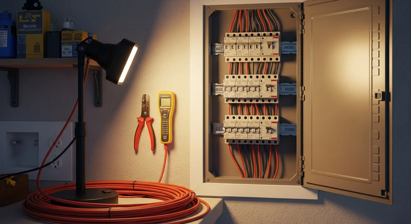 A licensed electrician from Genius Electric Power And Cabling connects a new branch circuit inside a residential electrical panel at a Los Angeles County home. Neatly routed wiring runs from the panel to a newly installed outlet in a finished room addition.