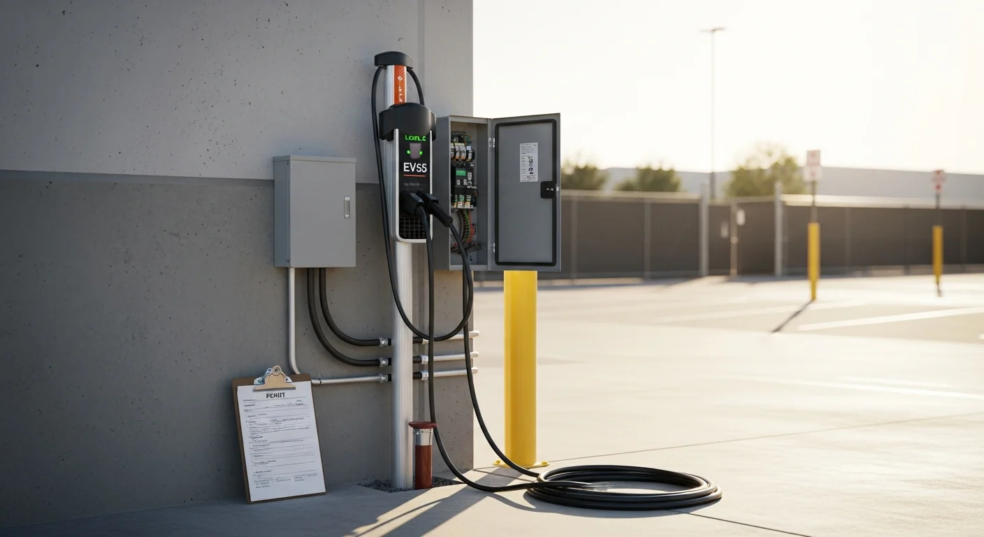 A row of Level 2 commercial EV charging stations installed in a paved parking lot at a commercial property in Los Angeles County. Wall-mounted conduit and weatherproof EVSE units are visible against a concrete block wall, with marked EV parking spaces in front.