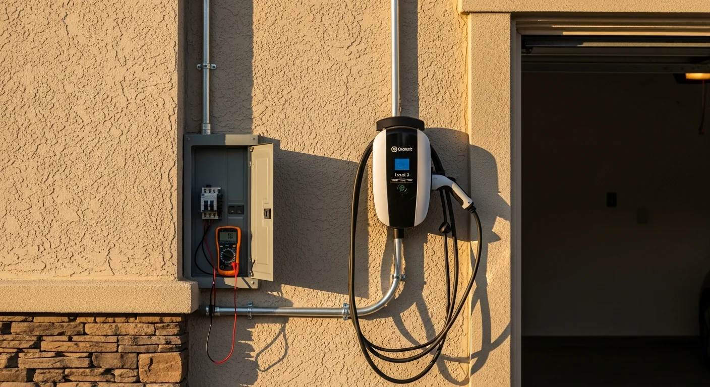 A licensed electrician from Genius Electric Power And Cabling mounting a Level 2 EV charging station on the exterior wall of a residential garage in Los Angeles County. A dedicated 240V circuit conduit runs neatly along the wall to the main electrical panel.