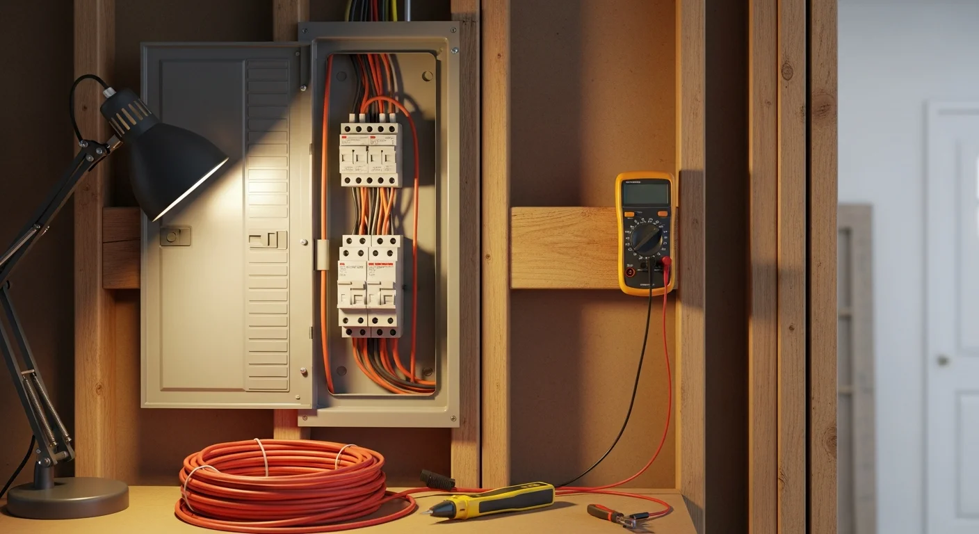 A licensed electrician from Genius Electric Power And Cabling working on a residential electrical panel inside a Los Angeles County home. The panel box is open, showing organized circuit breakers and properly labeled wiring.