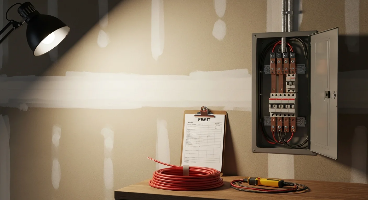 A licensed electrician from Genius Electric Power And Cabling installs a new 200-amp electrical panel inside a Los Angeles County home. The upgraded breaker box shows neatly organized circuits and modern service equipment mounted on an interior wall.