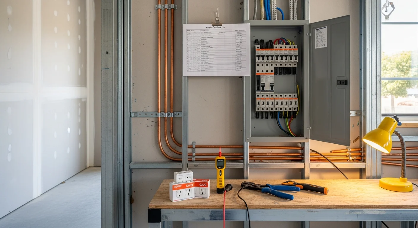 A licensed electrician installing conduit and branch circuit wiring inside a commercial tenant space during a buildout in Los Angeles County. The image shows open-wall rough-in work in progress inside an unfinished retail or office unit.