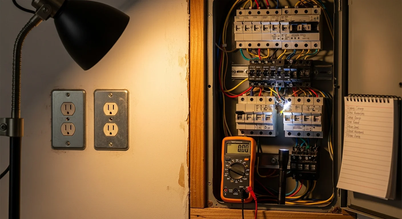 A licensed electrician from Genius Electric Power And Cabling testing a residential circuit breaker panel inside a Los Angeles County home. The electrician uses a diagnostic meter to check for faults in the wiring.