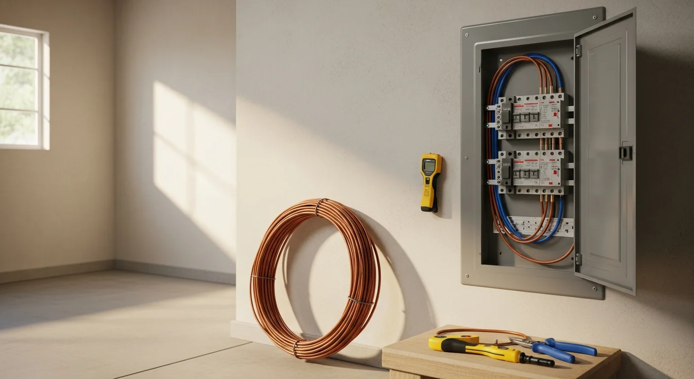 A licensed electrician installs a new 200-amp electrical panel in a residential garage in Los Angeles County, with conduit running to a dedicated 240-volt circuit for an EV charger. The work area shows a clean panel box, labeled breakers, and properly routed wiring ready for inspection.