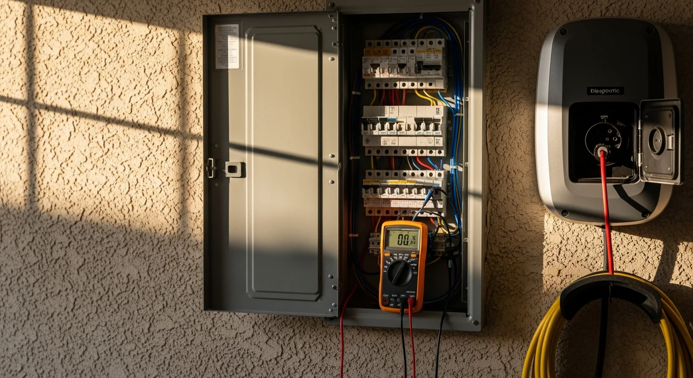 A licensed electrician from Genius Electric Power And Cabling testing an EV charging station circuit at a residential property in Los Angeles County. The technician uses a digital meter to check the dedicated breaker and wiring connections at the electrical panel.