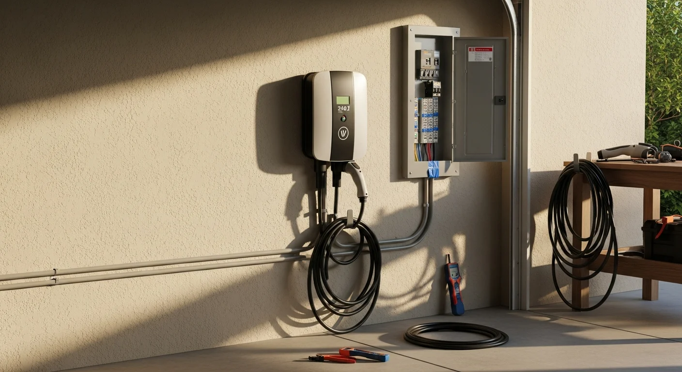 A licensed electrician from Genius Electric Power And Cabling mounts a Level 2 EV charger on the interior wall of a residential garage in Los Angeles County. A dedicated 240-volt circuit runs from the electrical panel to the charging unit, with conduit secured along the wall.