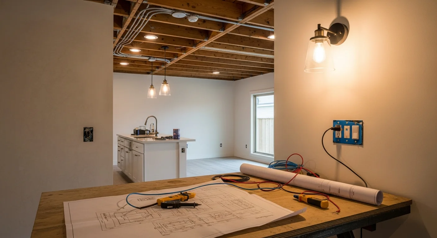 A licensed electrician from Genius Electric Power And Cabling installing recessed lighting fixtures in a residential living room in Los Angeles County. The finished ceiling shows evenly spaced fixtures with clean trim rings against a smooth white surface.