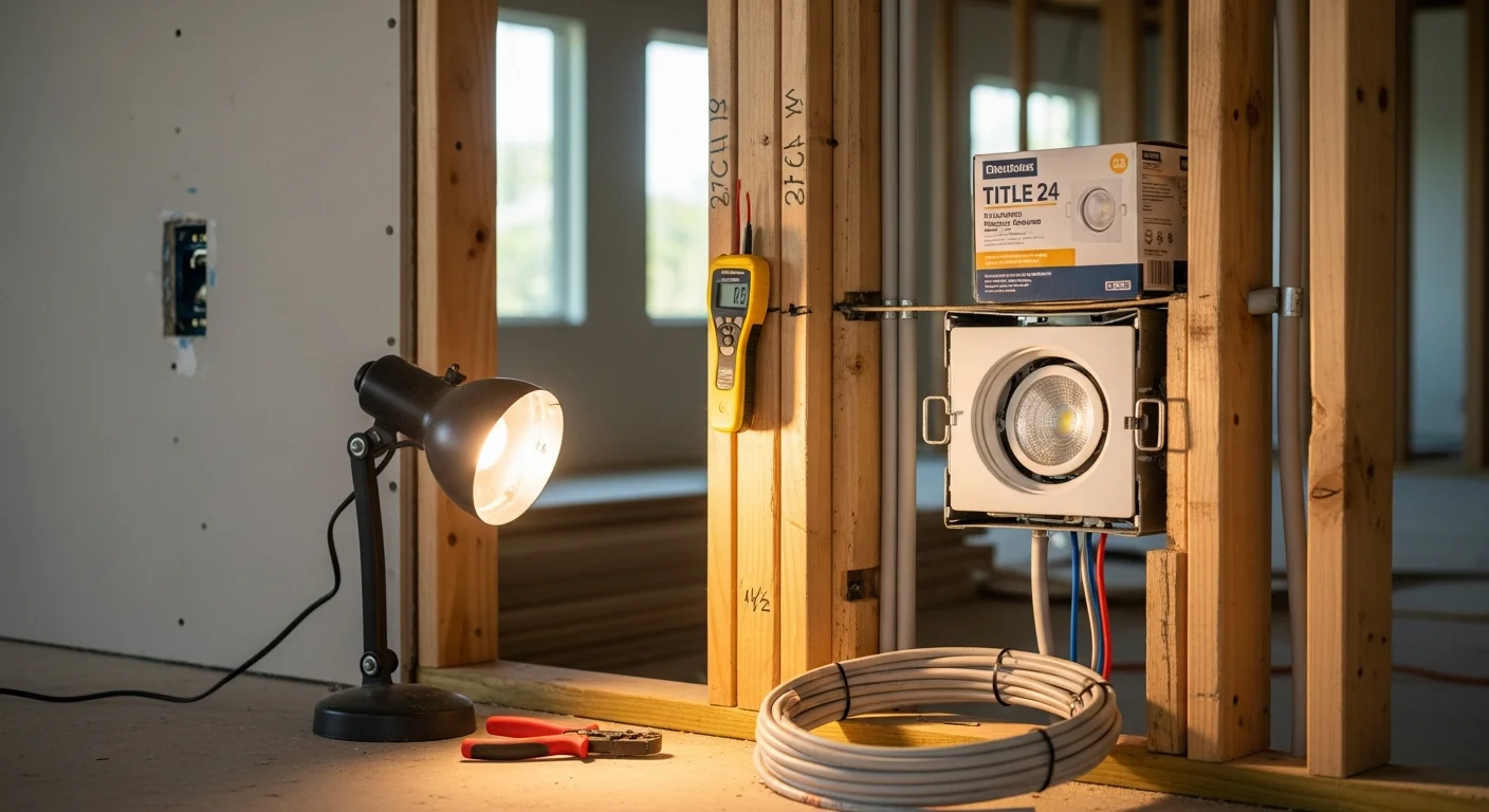 A licensed electrician from Genius Electric Power And Cabling installing recessed ceiling light fixtures in a residential room in Los Angeles County. Completed fixtures are evenly spaced across the ceiling with clean, finished trim rings visible.