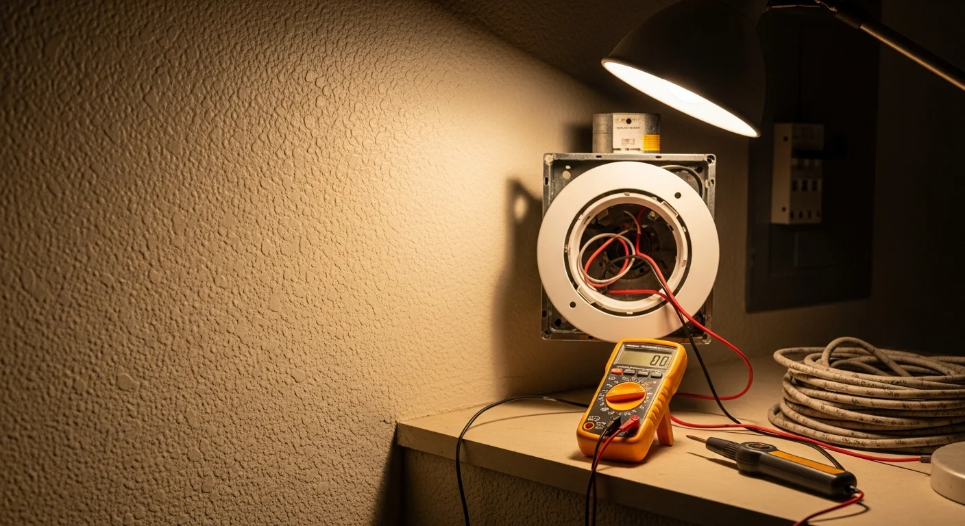 A licensed electrician from Genius Electric Power And Cabling testing a recessed light fixture in a Los Angeles County home using a circuit diagnostic tool. The ceiling shows multiple can lights in a residential living room with the panel access open in the background.