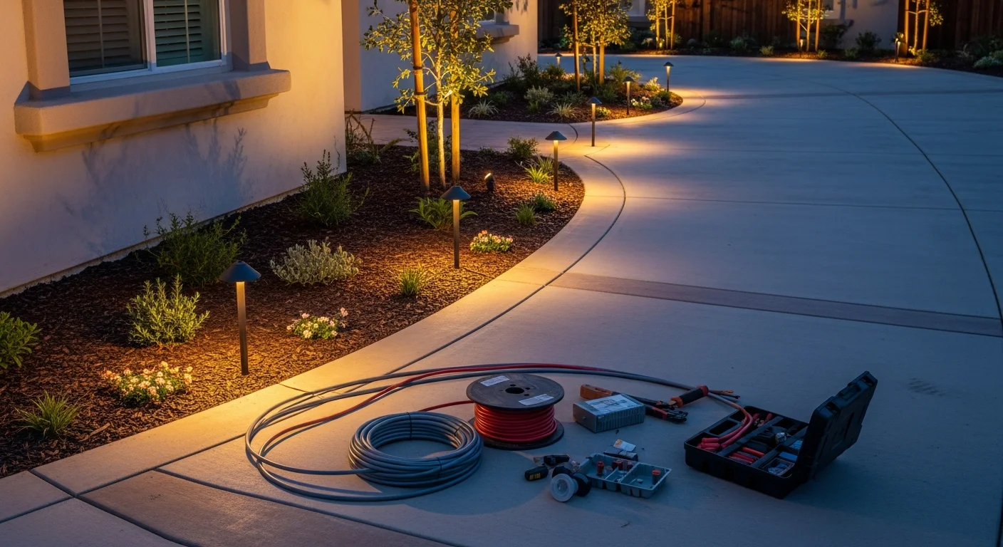 A licensed electrician from Genius Electric Power And Cabling installing low-voltage pathway lighting along a residential driveway in Los Angeles County. Finished fixtures illuminate a concrete walkway leading to a single-family home's front entry at dusk.