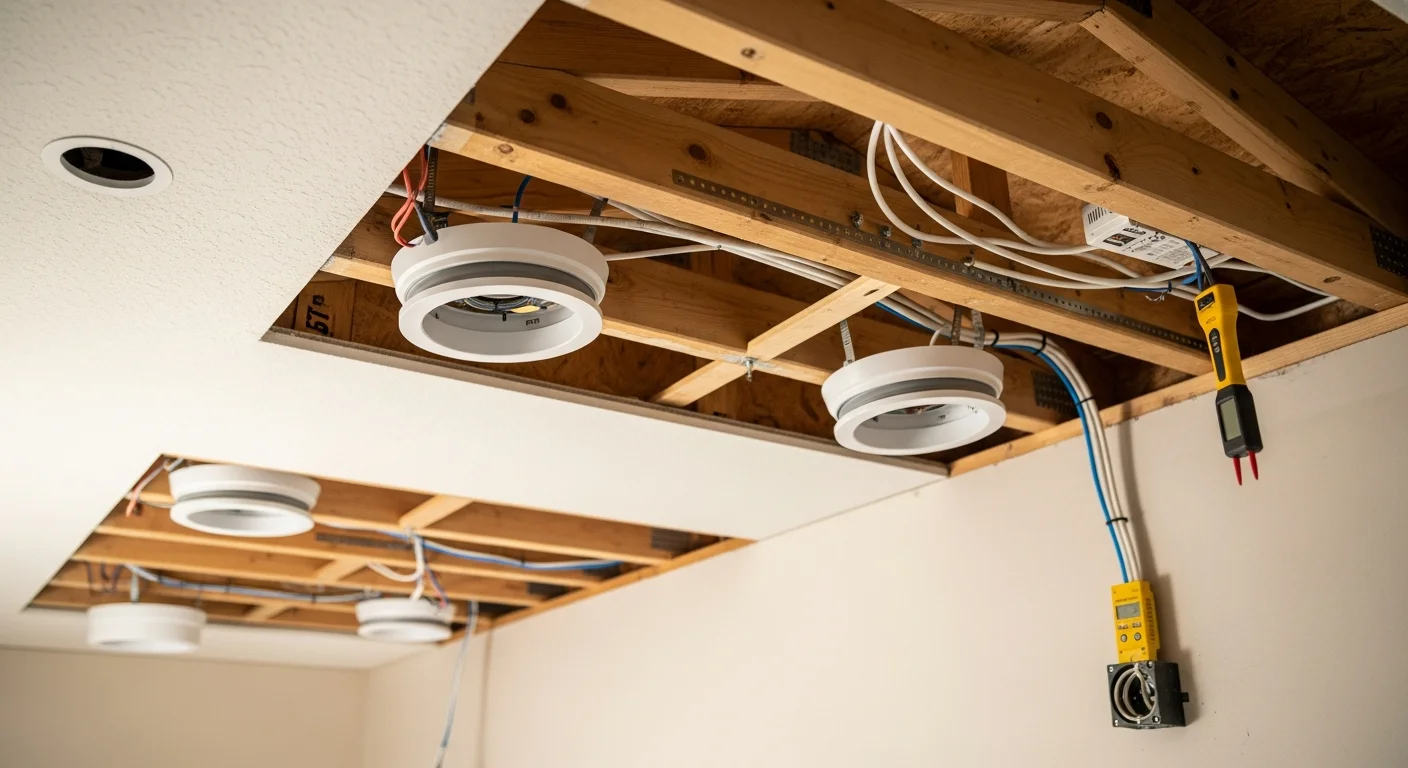 A licensed electrician from Genius Electric Power And Cabling installing recessed LED fixtures in the ceiling of a Los Angeles County home kitchen. Finished can lights are evenly spaced across a white ceiling above a kitchen island, with clean trim rings flush to the ceiling surface.